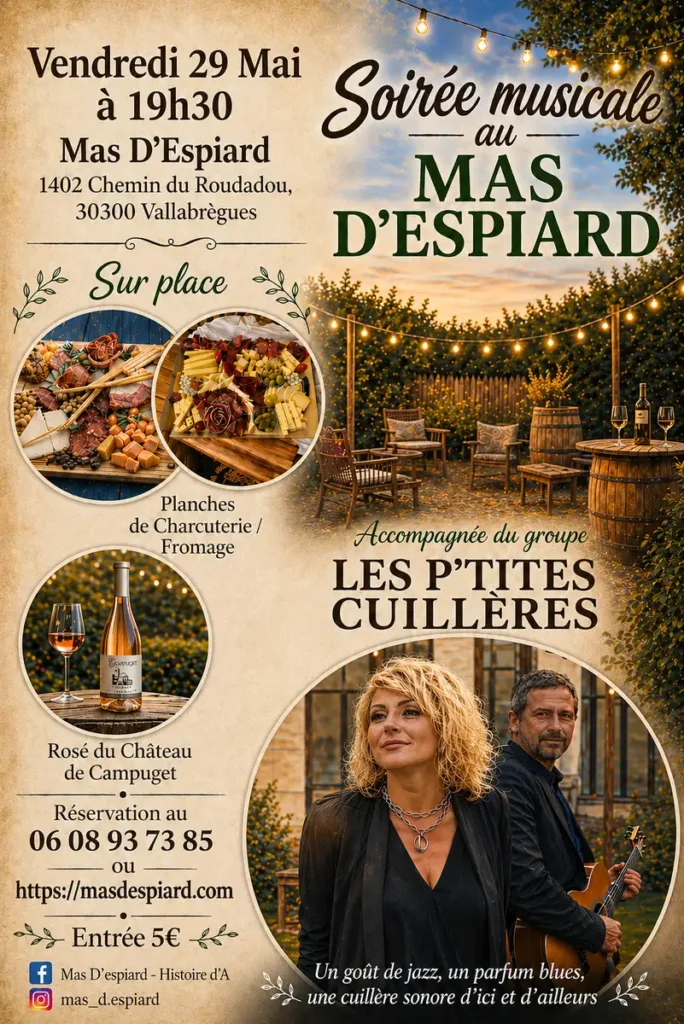 Affiche Soirée Musicale au Mas d’Espiard avec dégustation gourmande