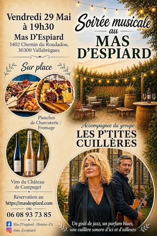 Affiche Soirée Musicale au Mas d’Espiard avec dégustation gourmande