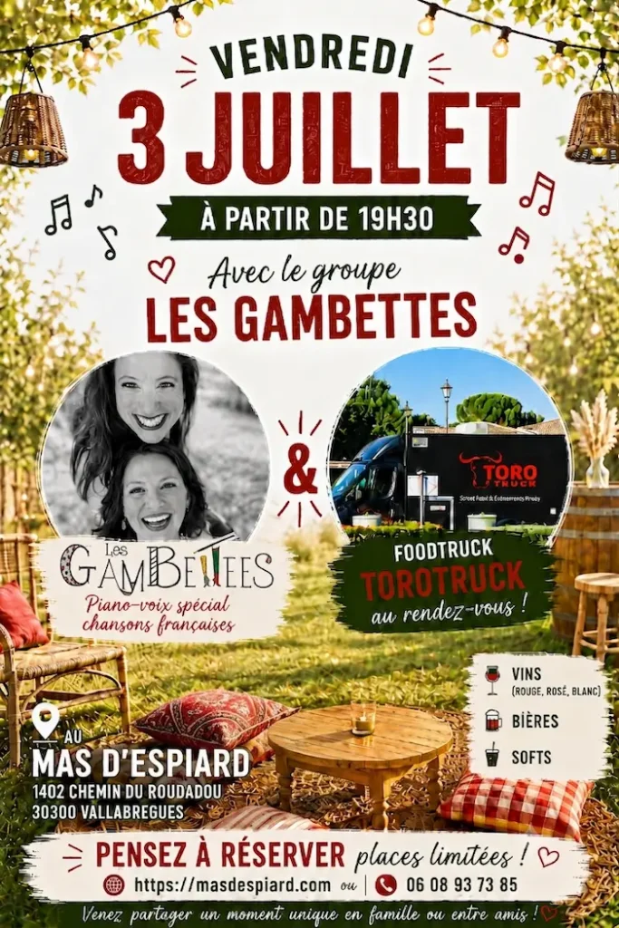 Affiche pour Soirée musicale au Mas d’Espiard avec Les Gambettes
