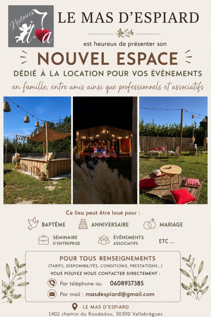 Affiche Nouvel espace à la location pour vos événements au Mas d'Espiard